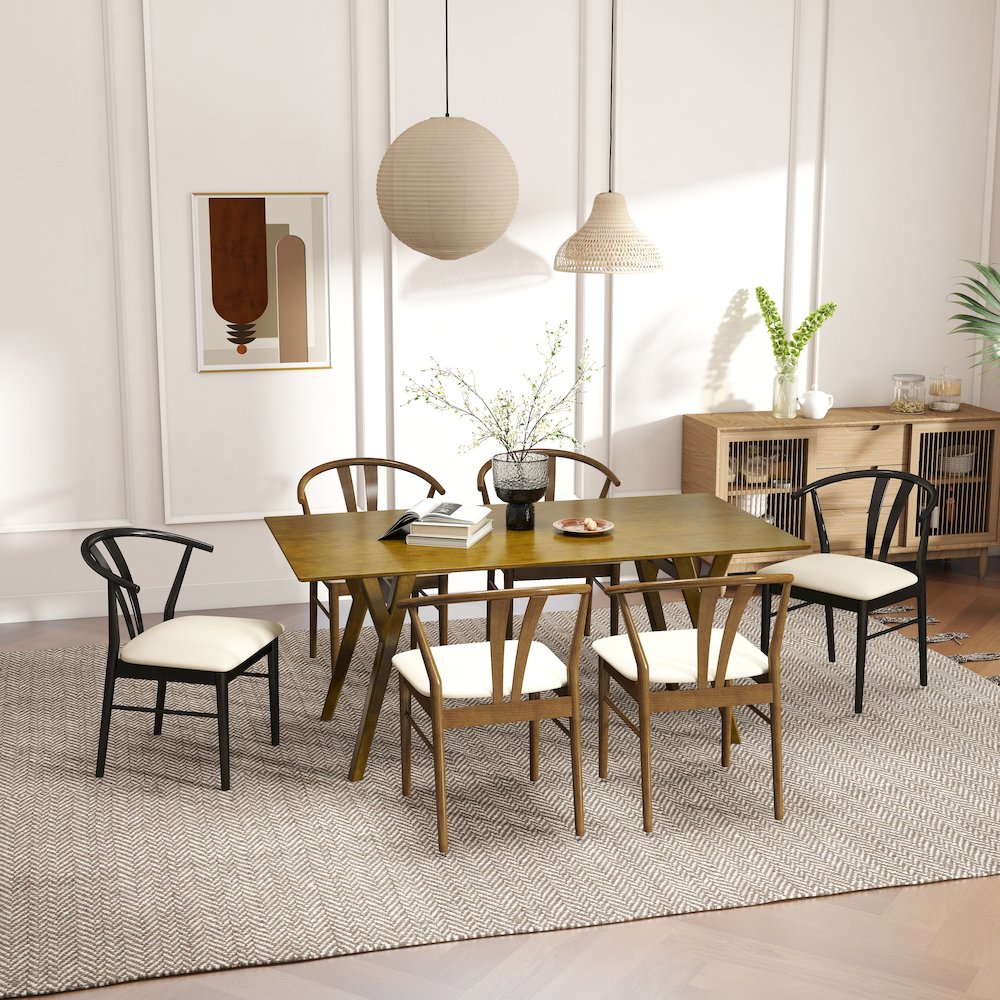 7-Piece Dining Set, Wood Dining Table with 4 Walnut and 2 Black Wishbone Chairs