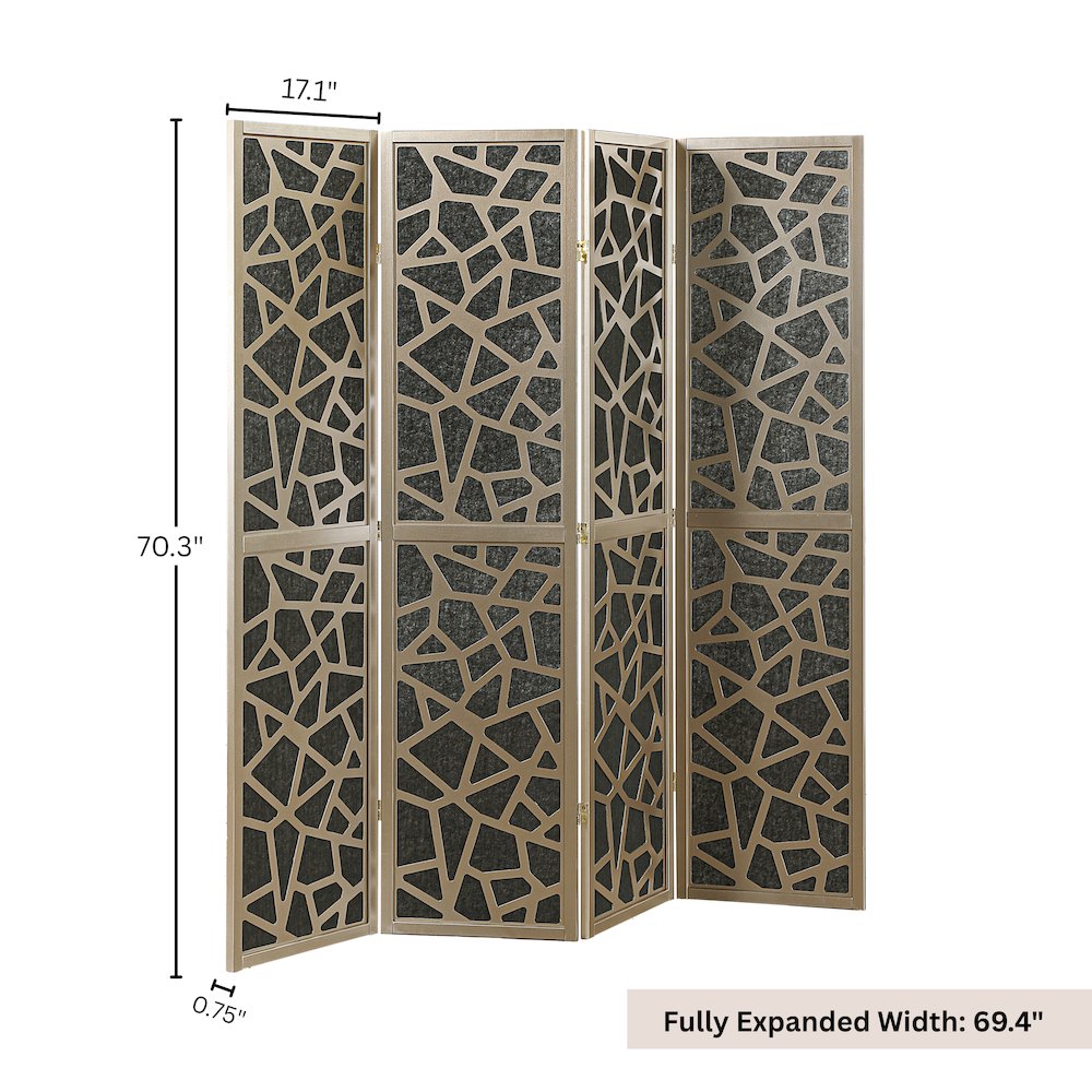 4-Panel Wood Room Divider, Folding Portable Partition Screen, Black and Gold