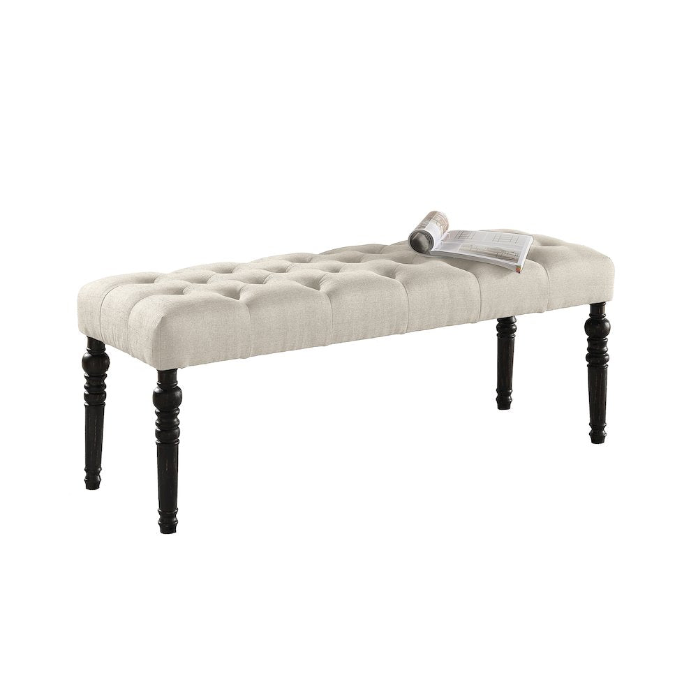 Leviton Fabric Tufted Turned Leg Dining Bench, Tan