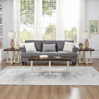 Luno 3-Piece Coffee Table Set, Coffee Table and Two End Tables, Walnut and White