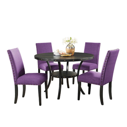 Biony Espresso Wood Dining Set with 4 Fabric Nailhead Chairs, Purple