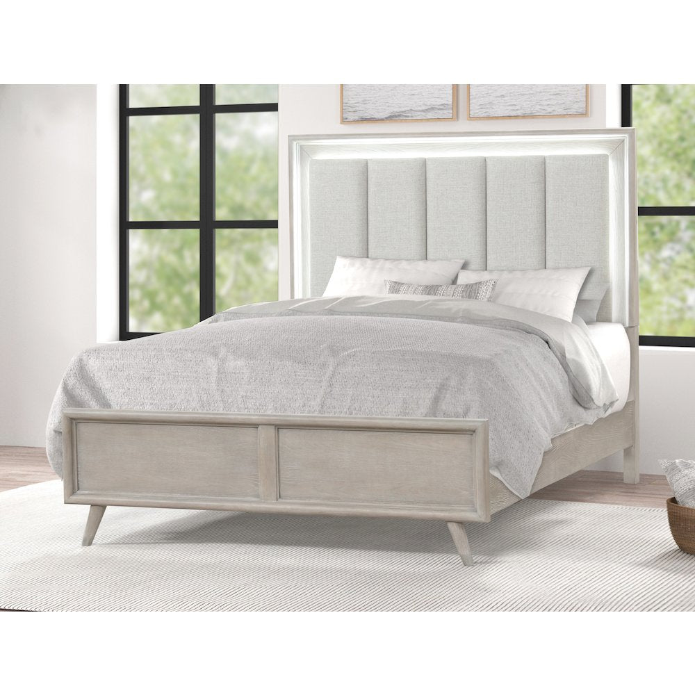 Seluna LED Lighting Panel Bed, Upholstered Headboard, Gray Oak Finish, Queen