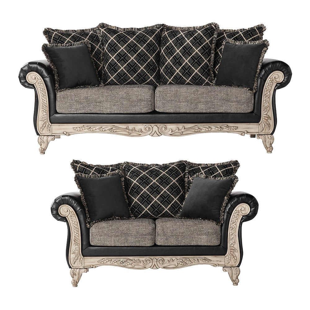 San Marino 2-Tone Fabric Wooden Frame Sofa and Loveseat Set in Ebony