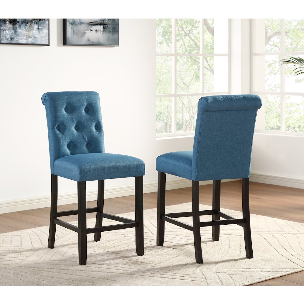 Leviton Solid Wood Tufted Asons Counter Height Stool, Set of 2, Blue