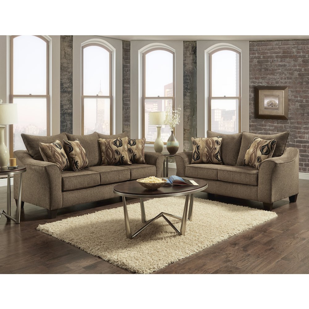 Camero Cafe Fabric Pillowback Sofa and Loveseat Set