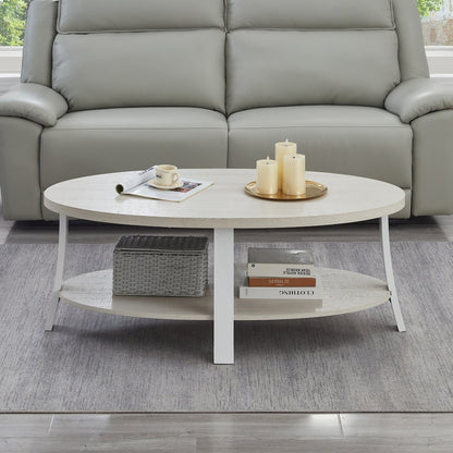Anze Contemporary Oval Wood Shelf Coffee Table in White Finish
