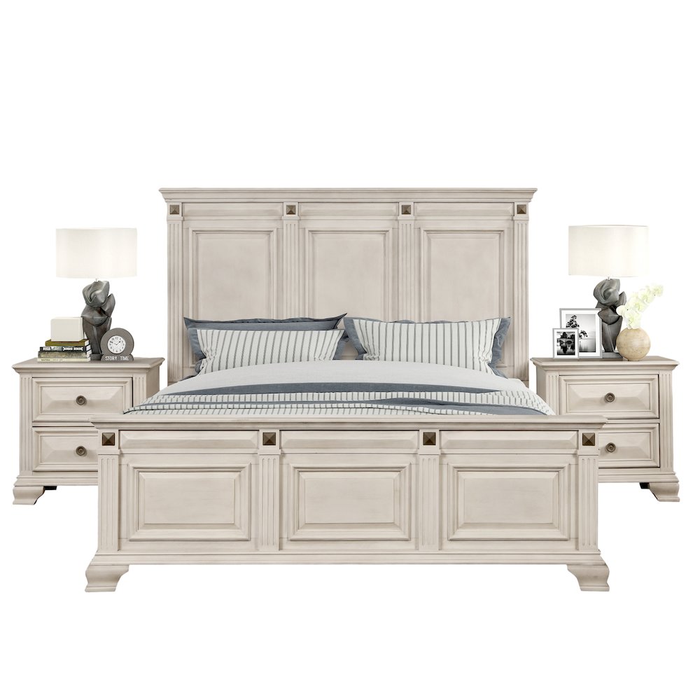 Renova 3-Piece Distressed Parchment Bedroom Set, King Bed with 2 Nightstands