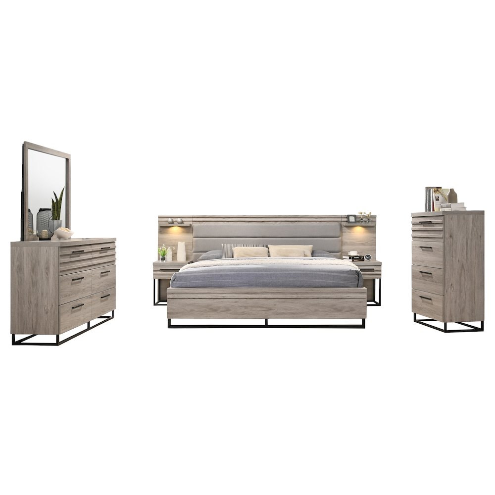 Wallbed Bed, Dresser, Mirror, Chest, and 2 Nightstands, Weathered Gray, King