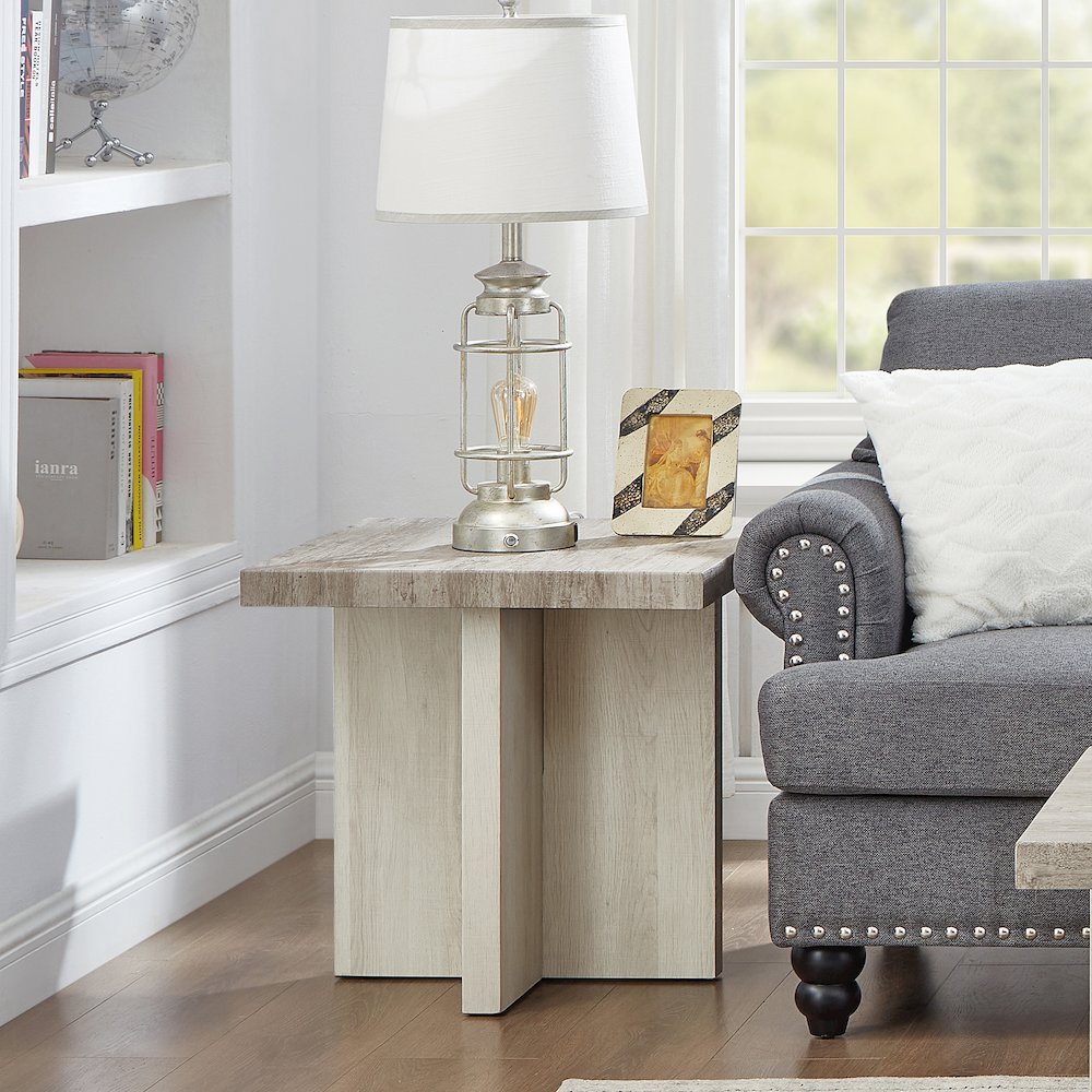 Mchome Square End Table, Nightstand, Weathered Gray and Beige
