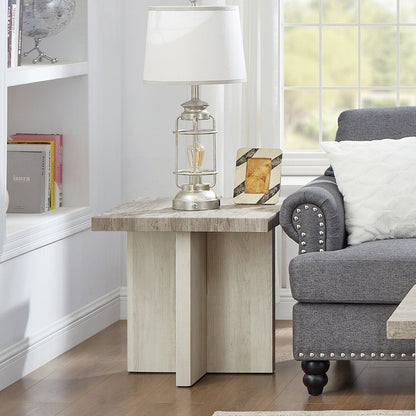 Mchome Square End Table, Nightstand, Weathered Gray and Beige