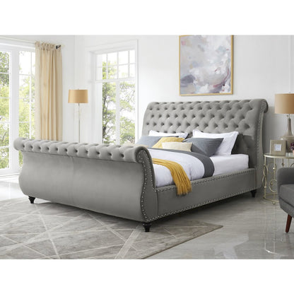 Evora Gray Velvet Upholstered Button Tufted Sleigh Bed, King
