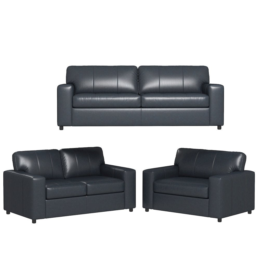 Sakan Leather 3-Pc Living Room Set, Sofa Loveseat and Chair, Blue