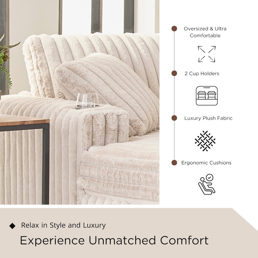 Belvoir 3-Piece Living Room Set, Sofa Cuddle Chaise and Ottoman, Beige Champagne