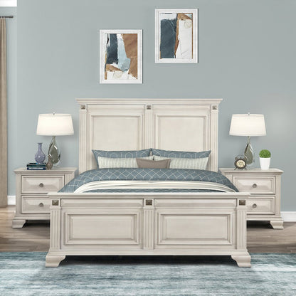 Renova 3-Piece Distressed Parchment Bedroom Set, Queen Bed with 2 Nightstands