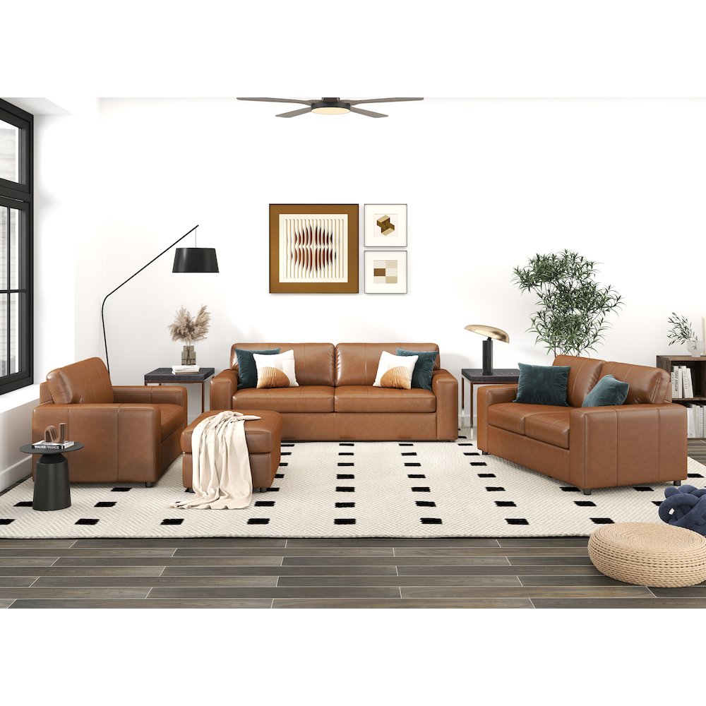 Sakan Leather 4-Pc Living Room Set, Sofa Loveseat, Chair and Ottoman, Caramel