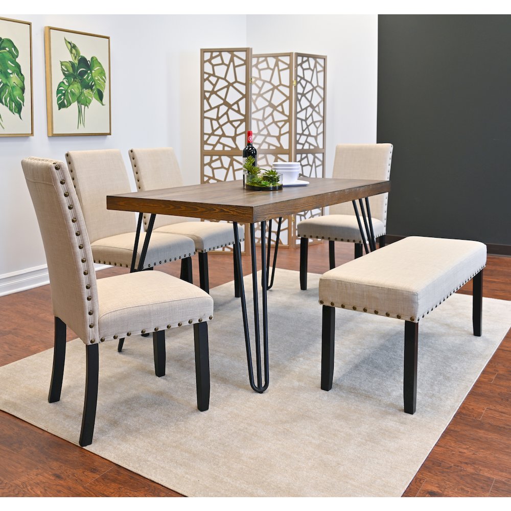 Amisos 6-Pc Dining Set, Hairpin Dining Table with 4 Chairs and Bench, Tan