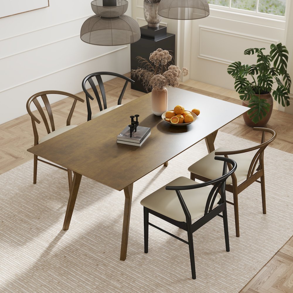 5-Piece Dining Set, Dining Table with 2 Walnut and 2 Black Wishbone Chairs