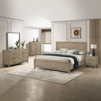Wood Bedroom Set: Panel Bed, Dresser, Mirror, Nightstand,Chest in Weathered Sand