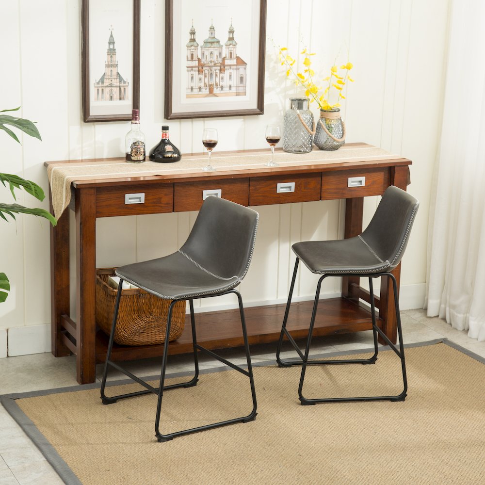 Lotusville Vintage PU Leather Counter Height Stools, Antique Gray, Set of 2