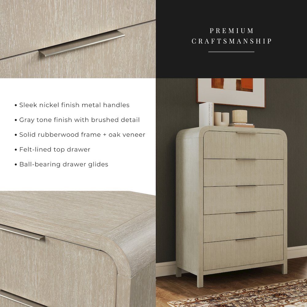 Tavari Contemporary 5-Drawer Wood Chest, Light Gray