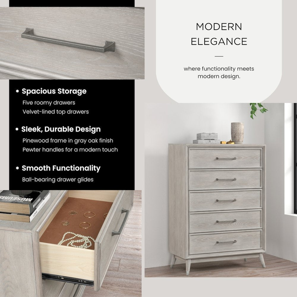 Seluna 5-Drawer Bedroom Chest, Gray Oak Finish