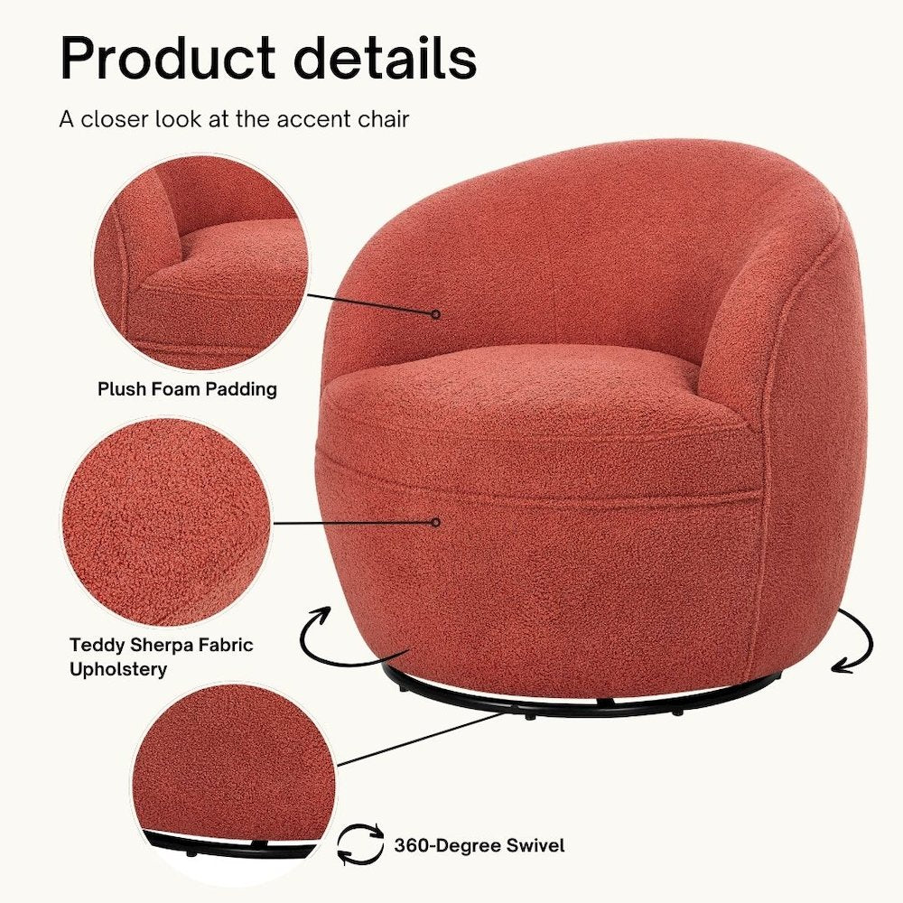 Galleria 360 Swivel Teddy Sherpa Barrel Chair, Coral