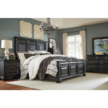 Vintage Black Wood Bedroom Set, King Bed, Dresser, Mirror, Nightstand, Chest