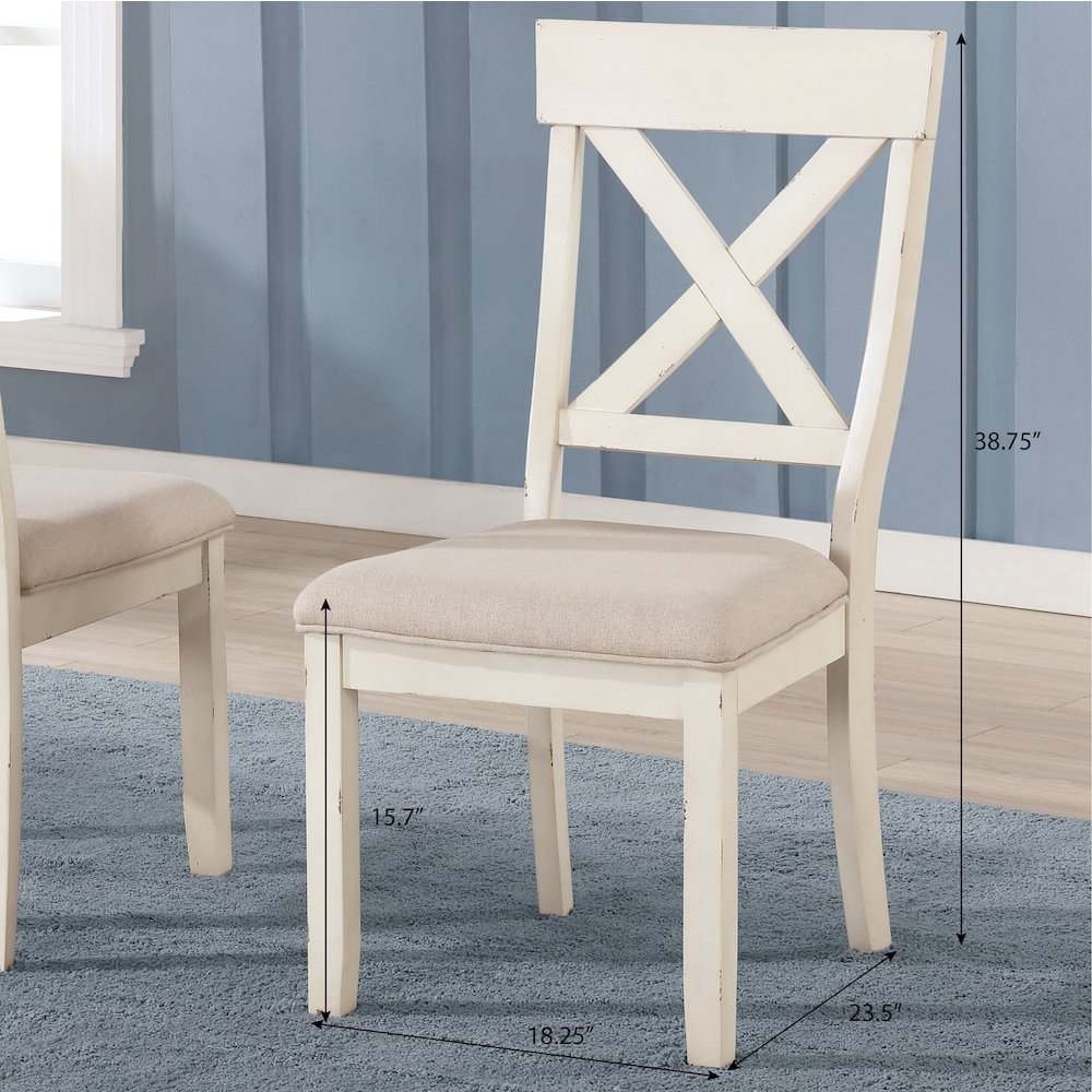 Prato Antique White Wood Cross Back Upholstered Dining Chairs, Set Of 2