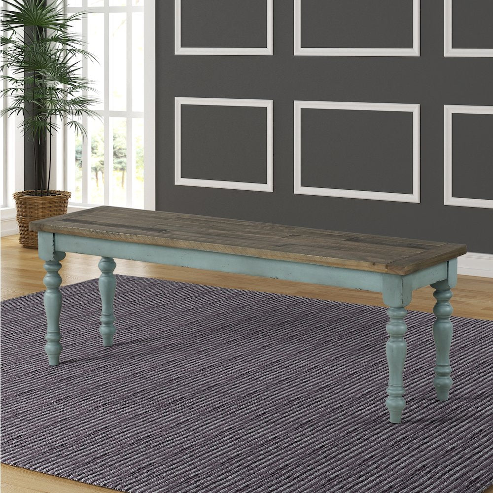 Prato Two-Tone Wood Dining Bench, Antique Blue and Distressed Oak