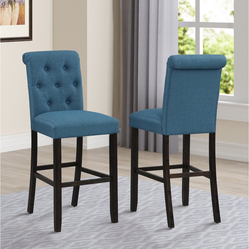 Leviton Antique Black Finished Wood 5-Pc Pub Set, Table with 4 Barstools, Blue
