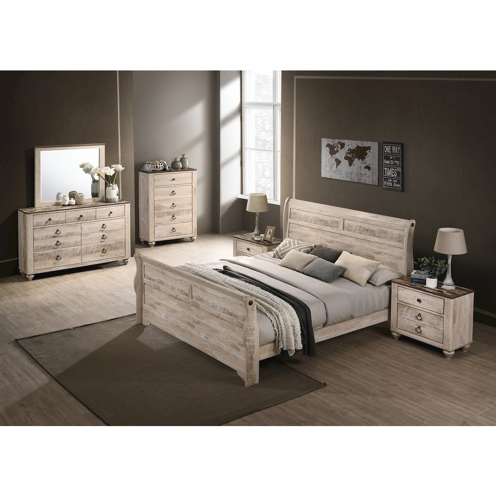 Imerland Contemporary White Wash Finish 6PC Bedroom Set with Queen Sleigh Bed
