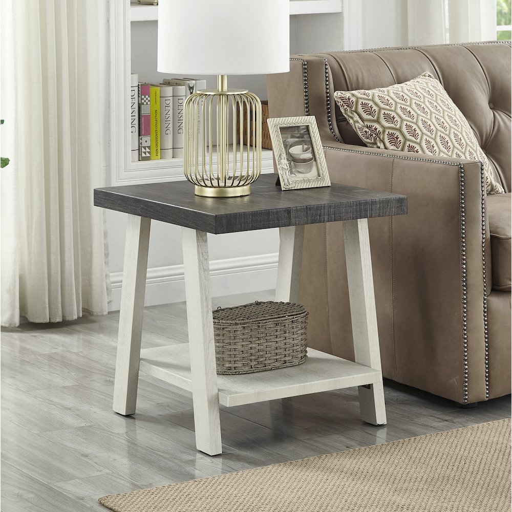 Athens Contemporary Two-Tone Wood Shelf End Table in Weathered Charcoal/Beige