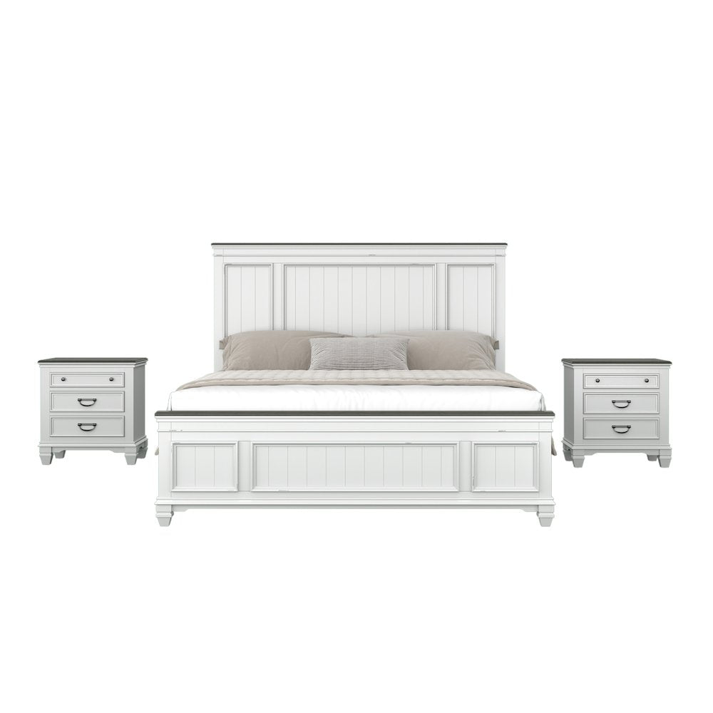 Clelane 3-Piece Wood Bedroom Set, King Bed and 2 Nightstands, Weathered White