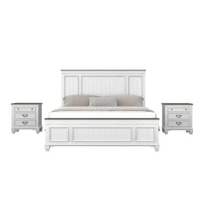 Clelane 3-Piece Wood Bedroom Set, King Bed and 2 Nightstands, Weathered White