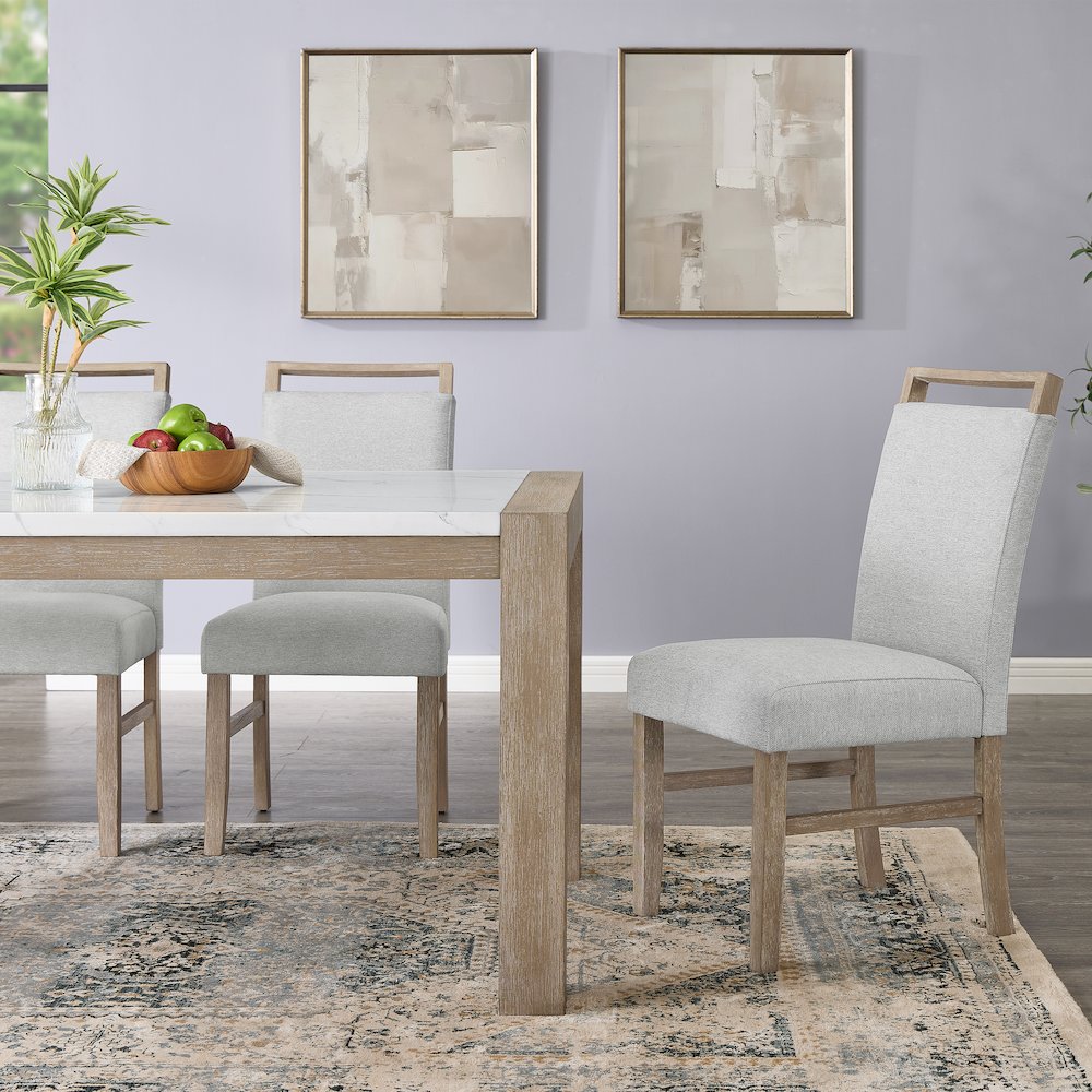 Zelalle 5-PC Dining Set, Faux Marble Table, 4 Chairs, White Wired-Brushed Finish
