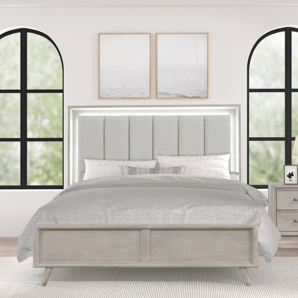 Seluna LED Lighting Panel Bed, Upholstered Headboard, Gray Oak Finish, King