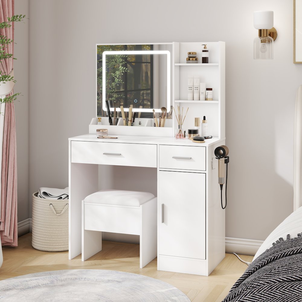 Makeup Vanity Set, Vanity Desk with Stool, LED Light Mirror, White