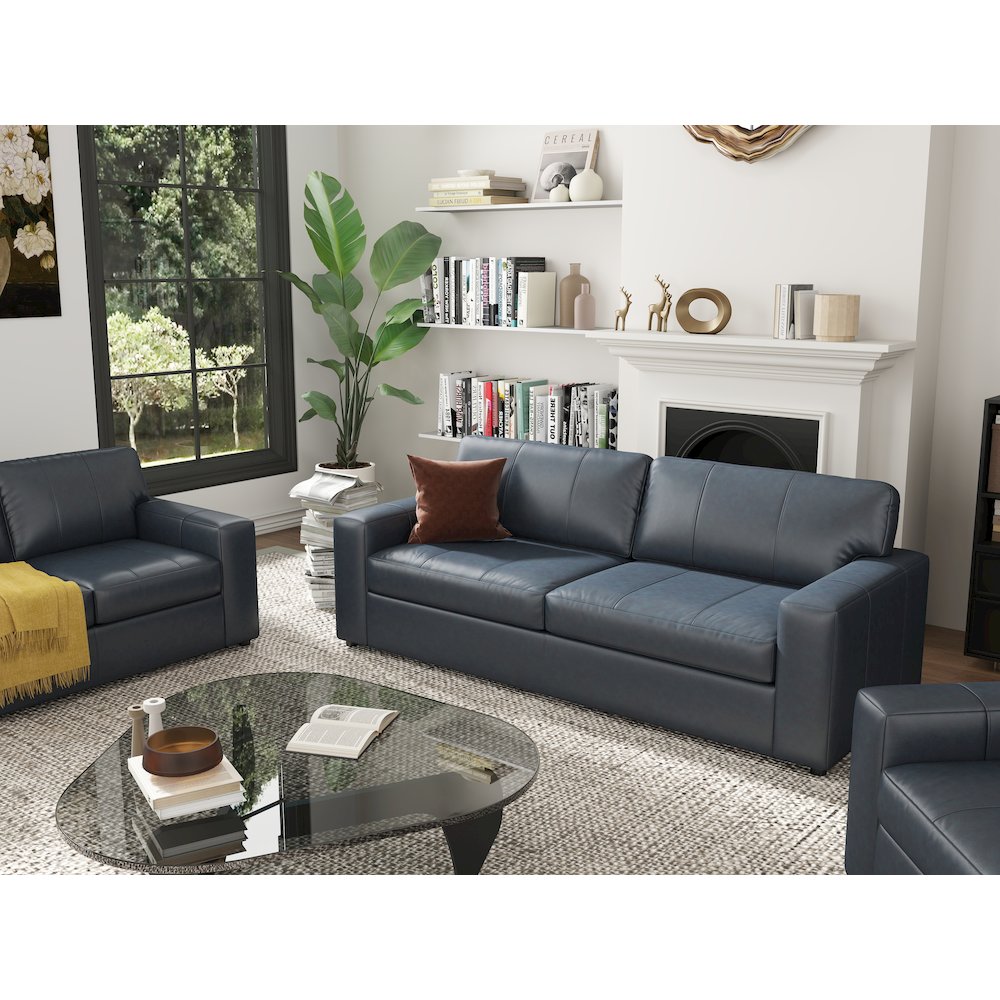 Sakan Leather 3-Pc Living Room Set, Sofa Loveseat and Chair, Blue