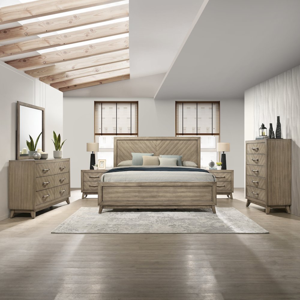 Bedroom Set: Queen Bed, Dresser, Mirror, 2 Nightstands, Chest in Weathered Sand