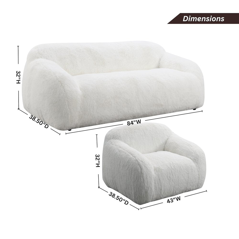 Adell Polar Bear 2-Piece Living Room Set, Sofa and Swivel Chair, Ivory White