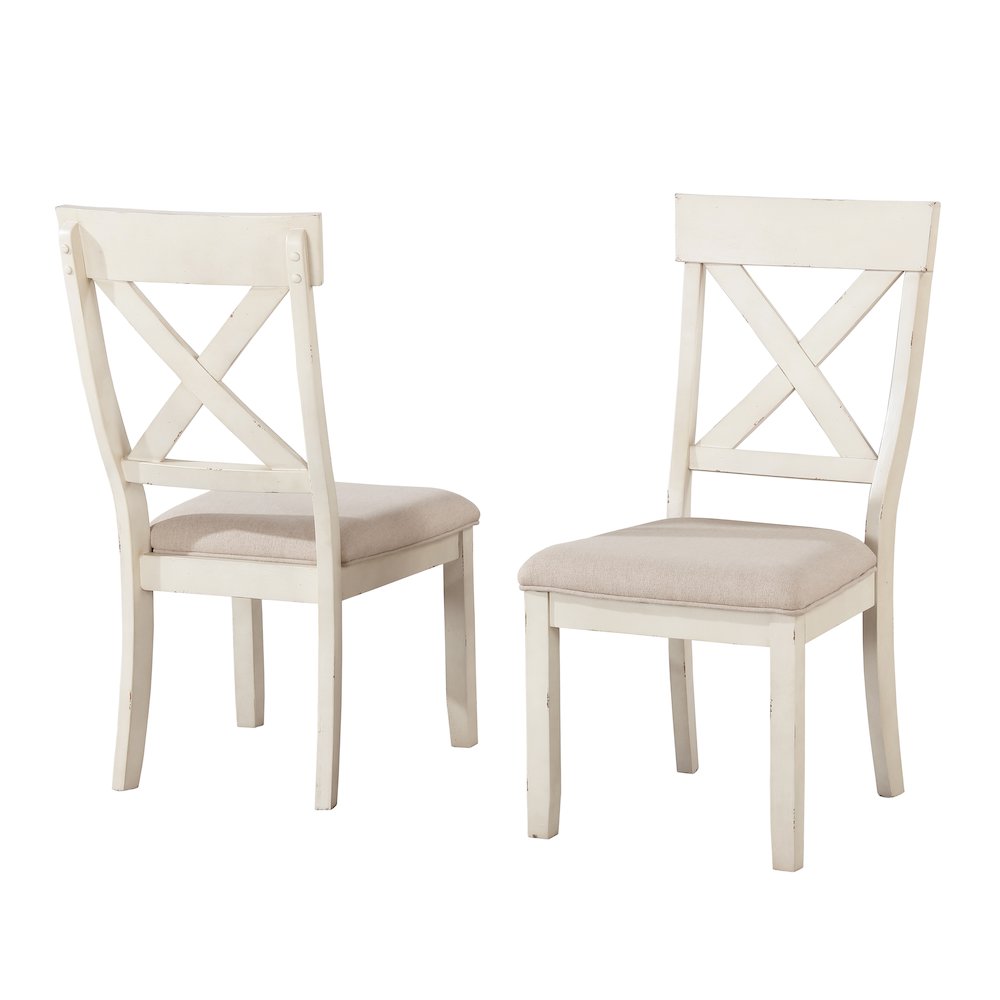 Prato Antique White Wood Cross Back Upholstered Dining Chairs, Set Of 2