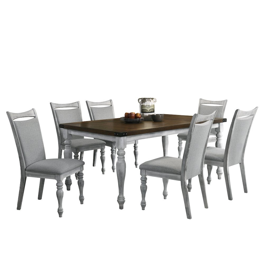 Salines 7 Piece Dining Table Set with 6 Upholstered Chairs, Rustic White and Oak