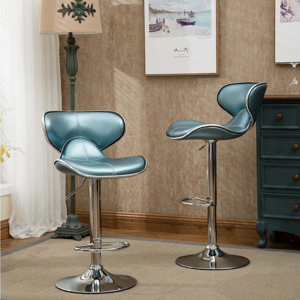 Masaccio Blue Leatherette Adjustable Swivel Barstool Chrome Base, Set of 2