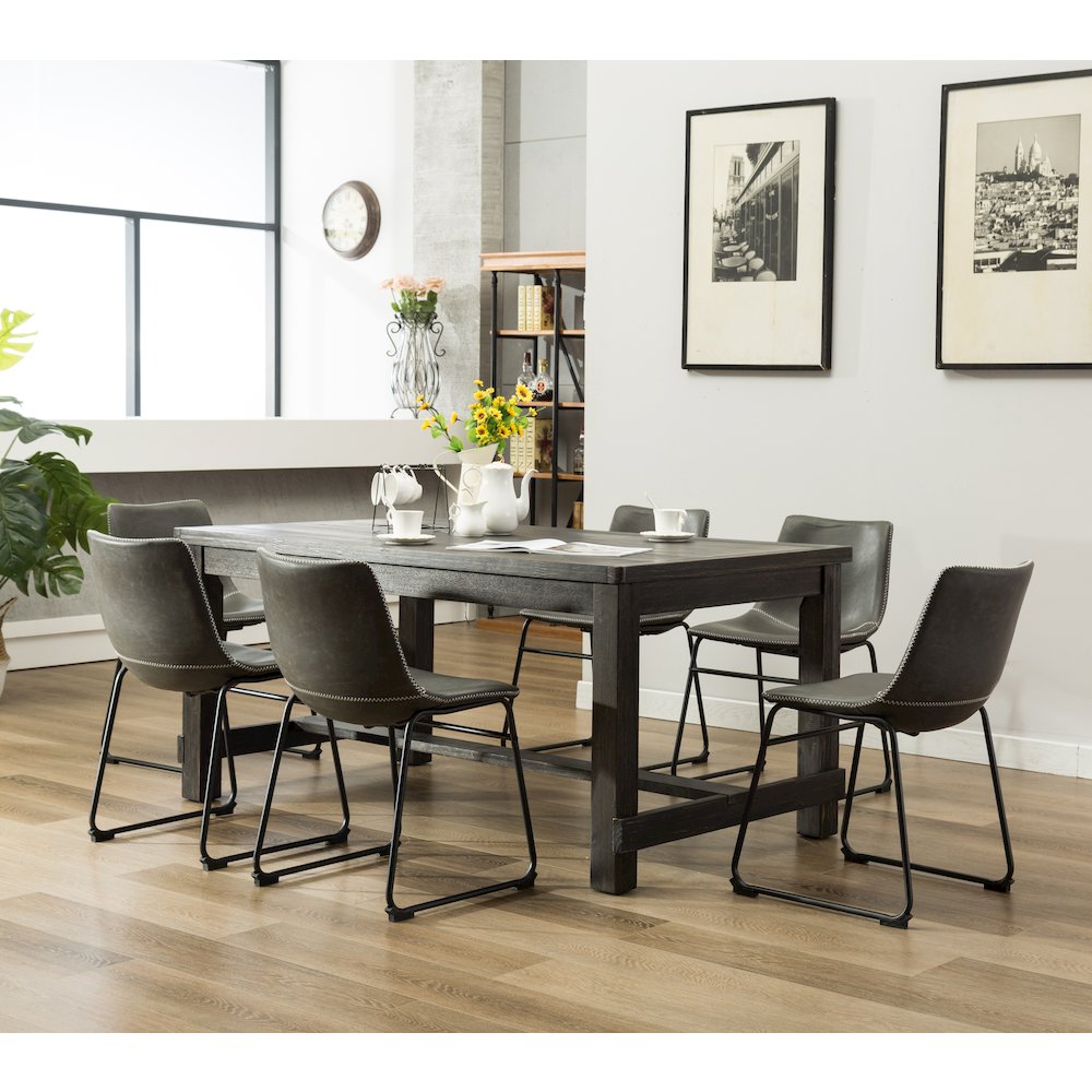 7-Piece Antique Black Finish Wood Dining Table, 6 Gray Faux Leather Chairs Set
