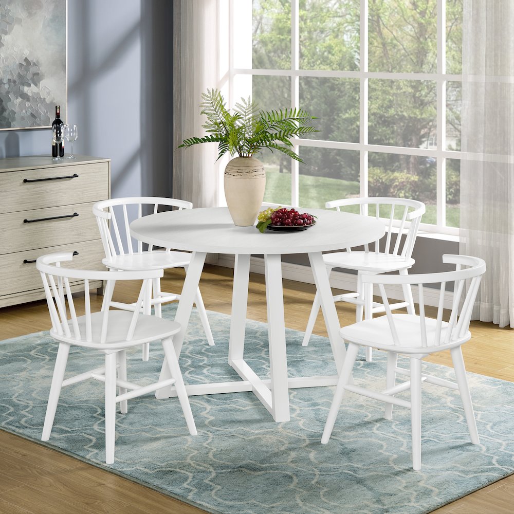 Edo White Wood 5-Pc Dining Set, Trestle Dining Table with 4 Windsor Chairs
