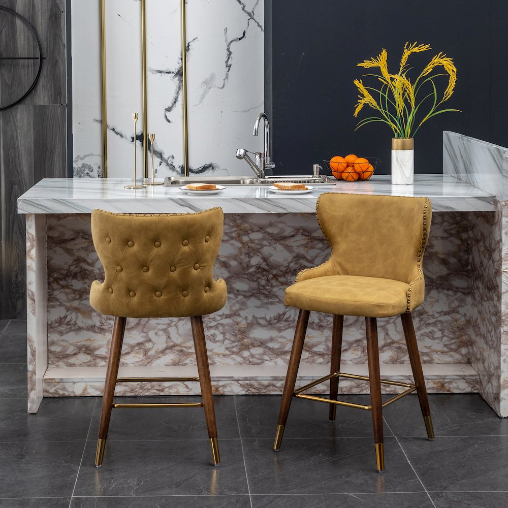 Nevis Modern Faux Leather Tufted Nailhead Trim Counter Stool Set of 2, Yellow