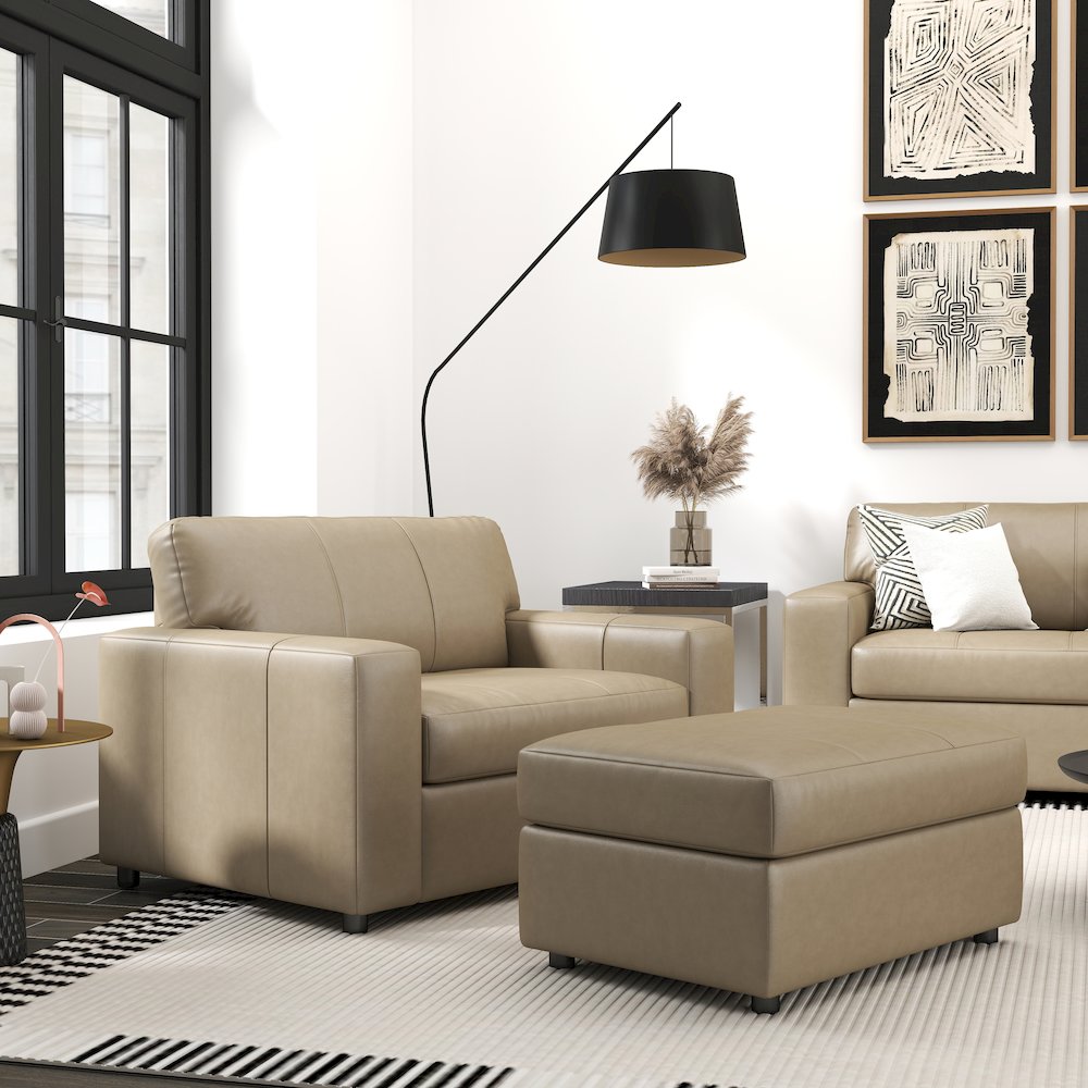 Sakan Leather 4-Pc Living Room Set, Sofa Loveseat, Chair and Ottoman, Beige