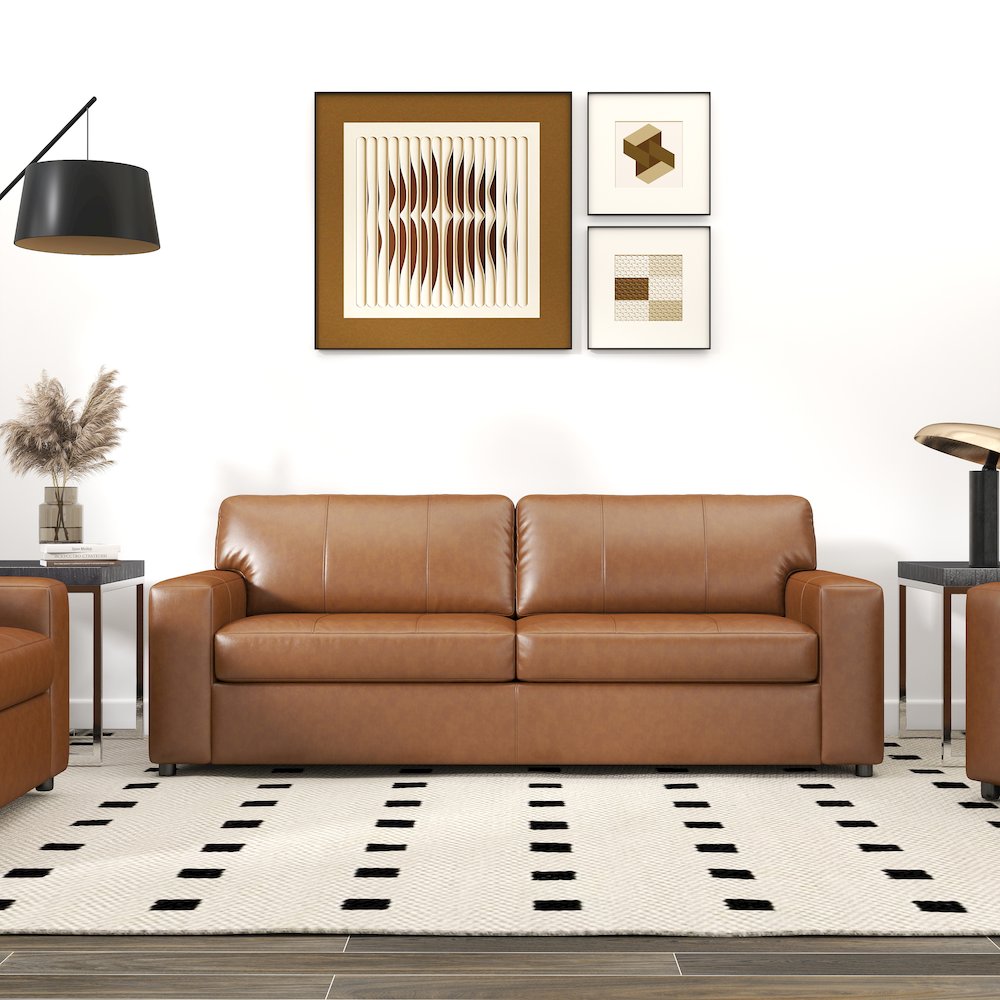 Sakan Leather Upholstered Sofa, Caramel