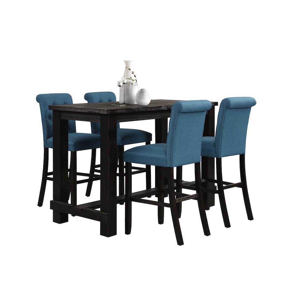 Leviton Antique Black Finished Wood 5-Pc Pub Set, Table with 4 Barstools, Blue