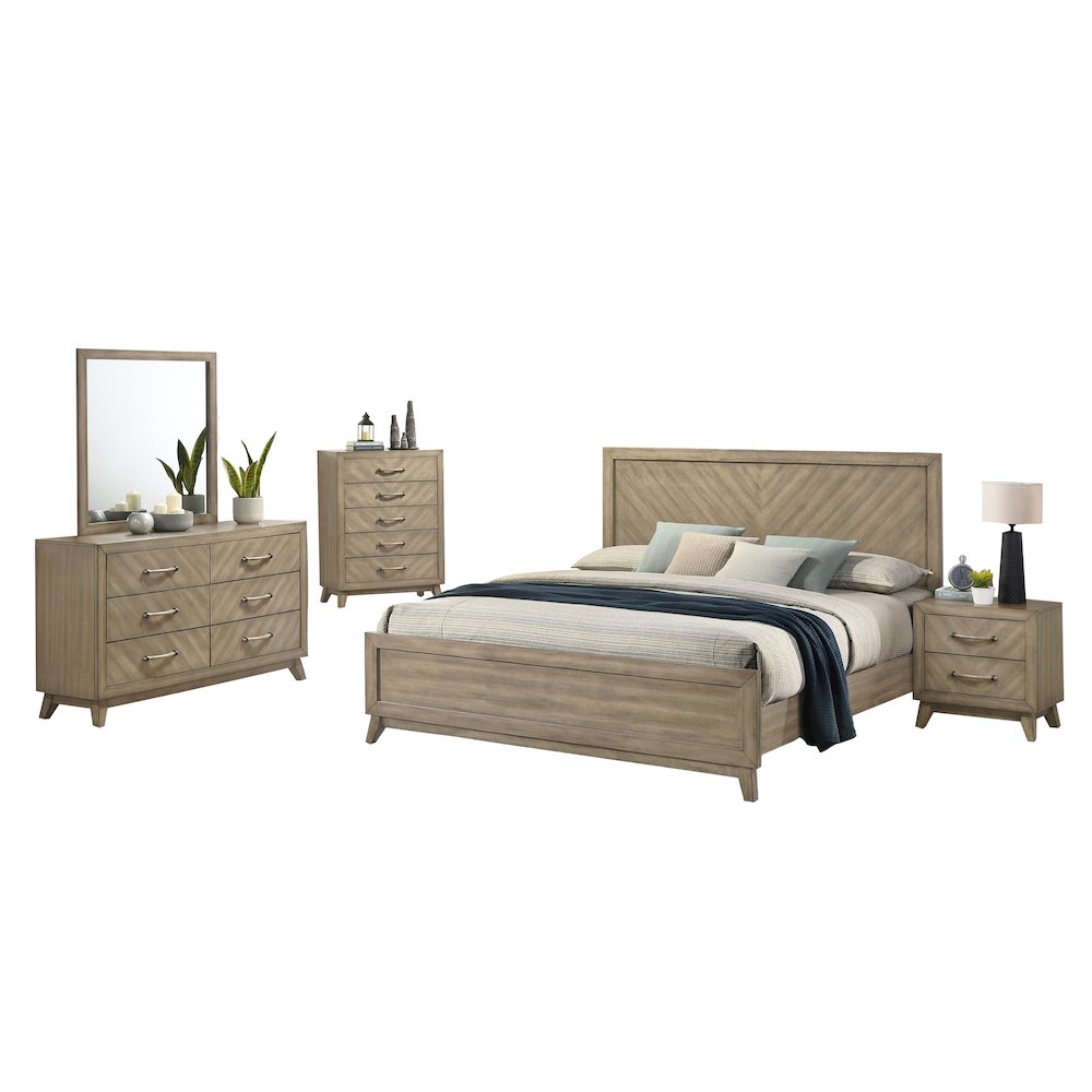Wood Bedroom Set: Panel Bed, Dresser, Mirror, Nightstand,Chest in Weathered Sand